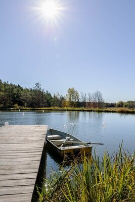 A small pond at Twelve Ponds with a wooden dock and rowboat.